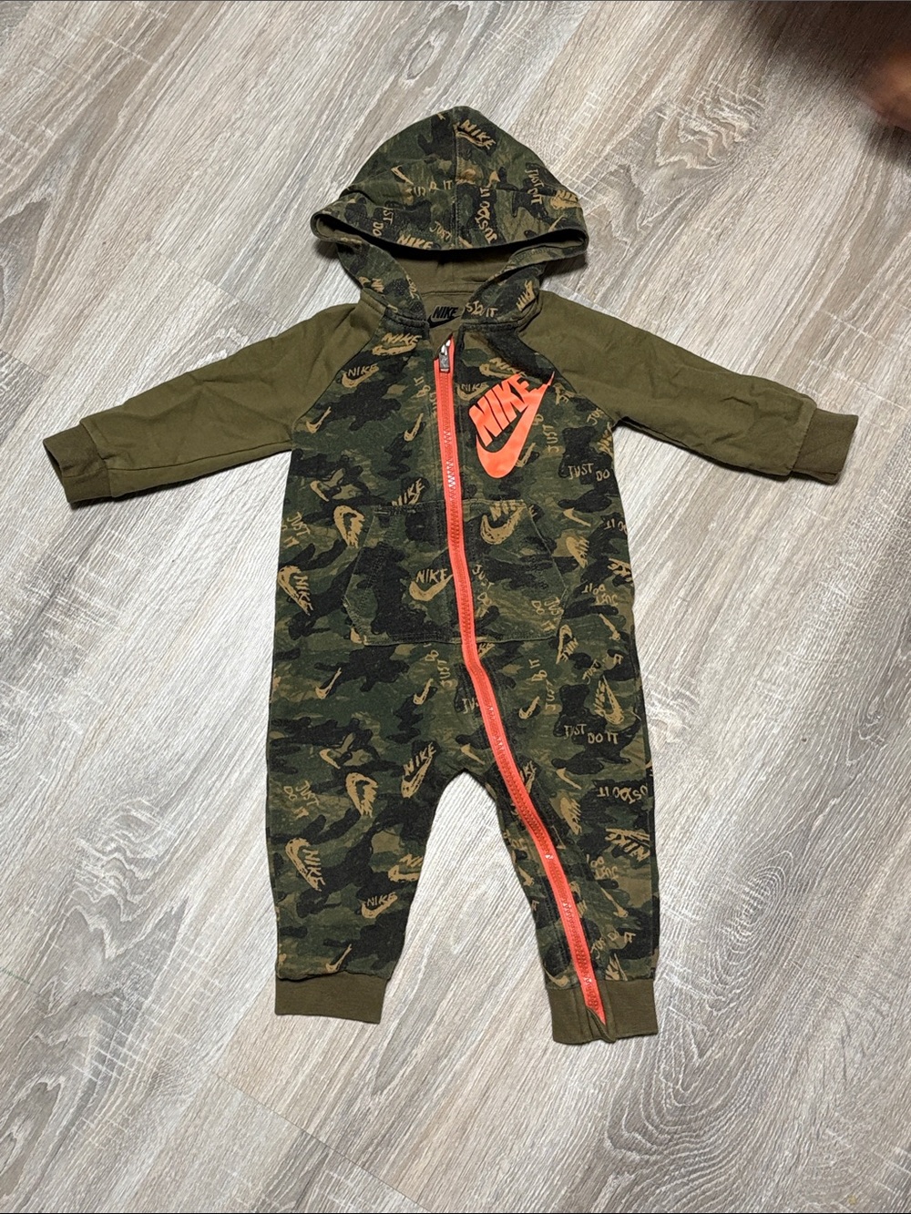 Nike Olive Camo Hooded Baby One-Piece with Orange Zip